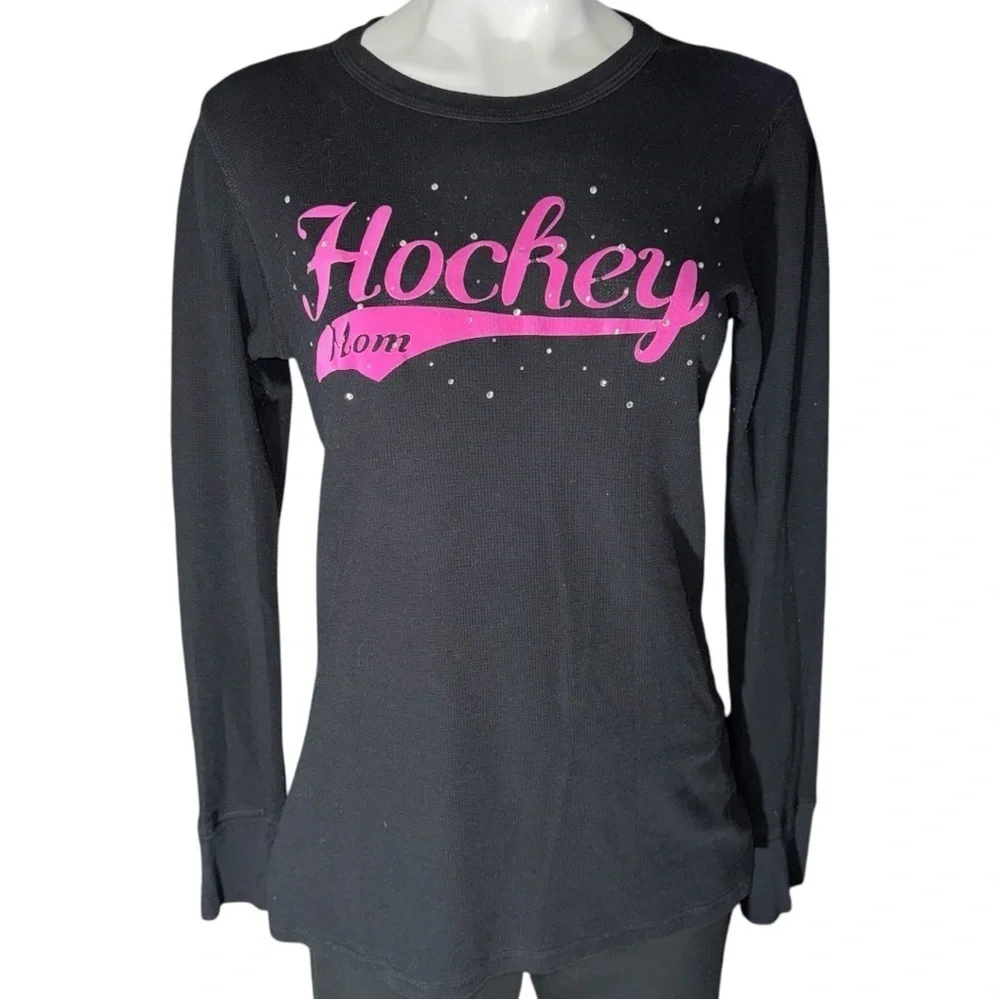 Women’s Hockey Mom X-Large Sweater W/ Rhinestones Crewneck Pink/Black Ice Skates